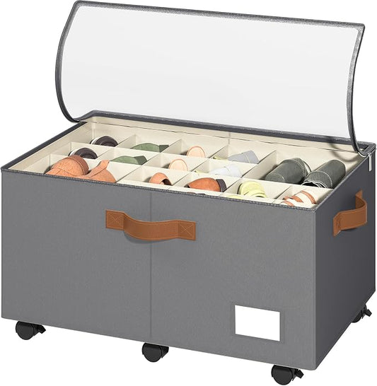 Foyego Shoe Organizer for Closet, Shoe Storage with Wheels, Gray | Fits 24 Pairs, with Adjustable Dividers and Clear Cover, Saving Space Foldable Fabric Closet Shoe Storage Organizer Box Bins