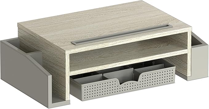 Simple Houseware Desk Monitor Stand Riser w/ Adjustable Tray, Maple | Built-In Tablet Slot and Side Storage