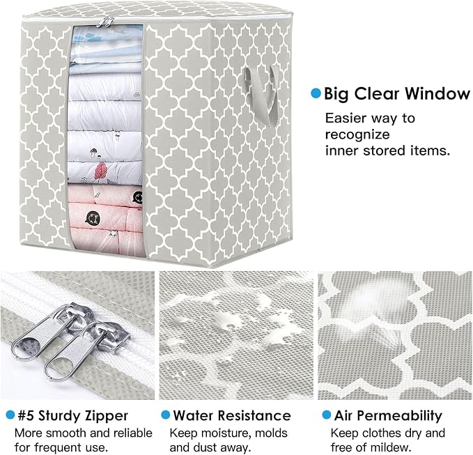 WISELIFE Storage Bags 6 Pack/100L Large Blanket Clothes Organization and Storage Containers for Comforters,Bedding, Foldable Organizer with Reinforced Handle, Clear Window, Sturdy Zippers,Lvory