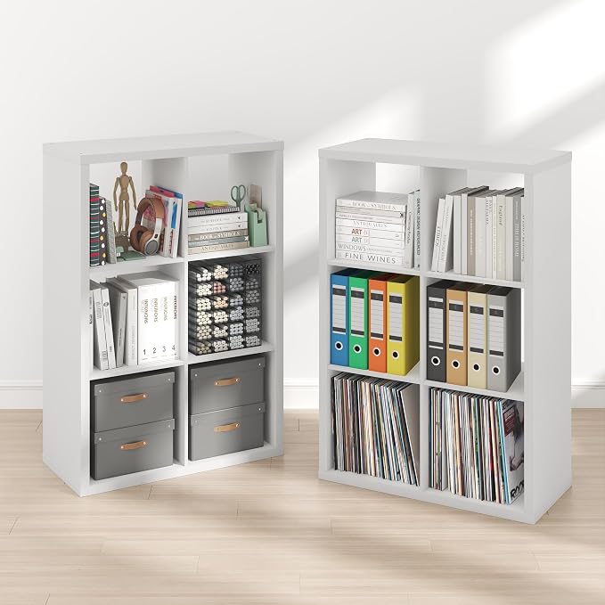 Furinno Cubicle Book Shelf Set of 2, 6-Cube Bookshelf, White | 14.6 x 43.8 x 30, 1.2" Thick, Horizontal & Vertical Reversible Bookcase with Open Back, for Living Room, Bedroom, Home Office