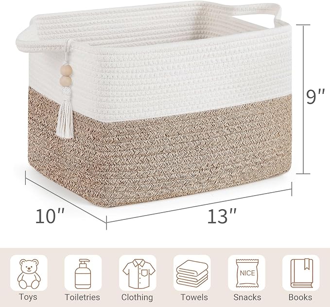 Mkono Woven Storage Basket, Cube Cotton Rope Basket for Shelves, 13"x10"x9" | Organizes Shoes Clothes Toys Towels Books, Gift Basket, Wooden Beads Tassel, Rectangle Bin, Fits Entryway Bedroom Living Room