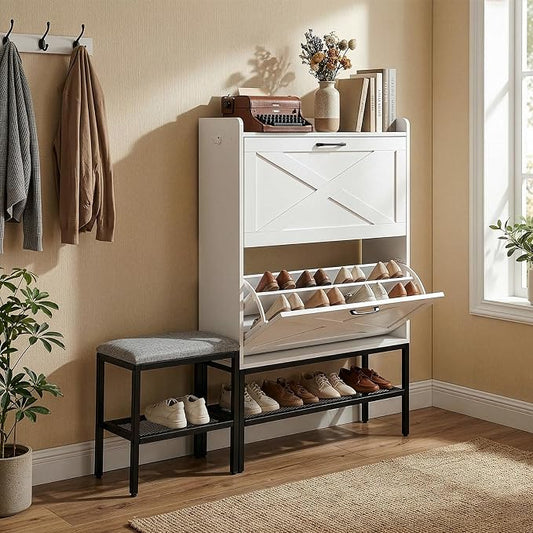 Karl home White Farmhouse Shoe Cabinet, Cushioned Entryway Bench Organizer | Space-Saving Freestanding Shoe Rack Organizer, Versatile Storage Furniture Suitable for Entryway and Living Room