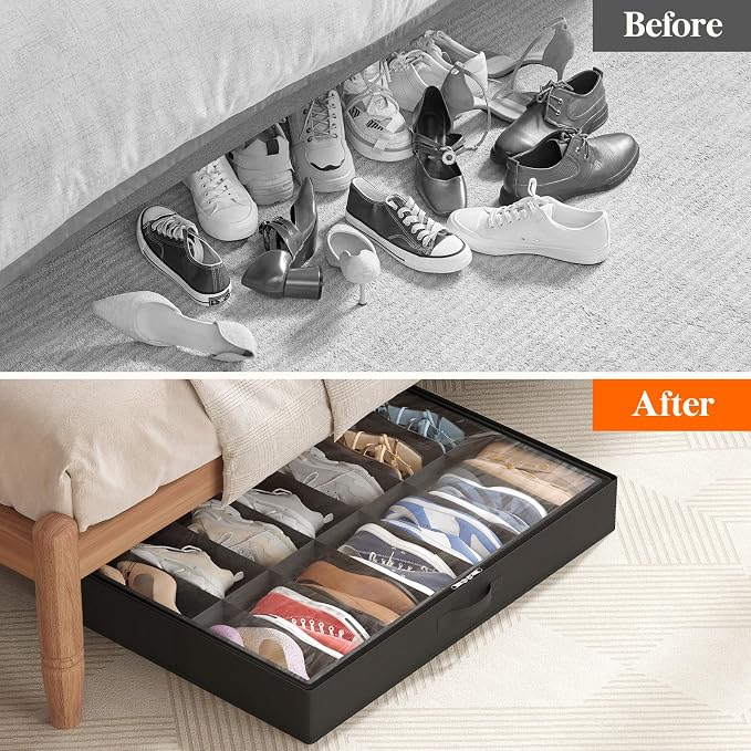 Lifewit Under Bed Shoe Storage Organizer 2 Pack(14 Shoes Cells), 4.3 Inches Profile Fabric Shoes Container Box with Clear Cover, Foldable Storage Bag with 2 Handles, Fits 14 to 28 Pairs