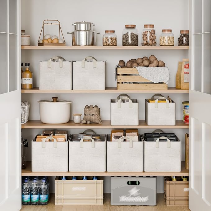 StorageWorks Storage Bins, Shelves Baskets for Organizing, Fabric Closet Organizers with Handles, Metal Frame, Beige-Cotton-linen, 2-Pack