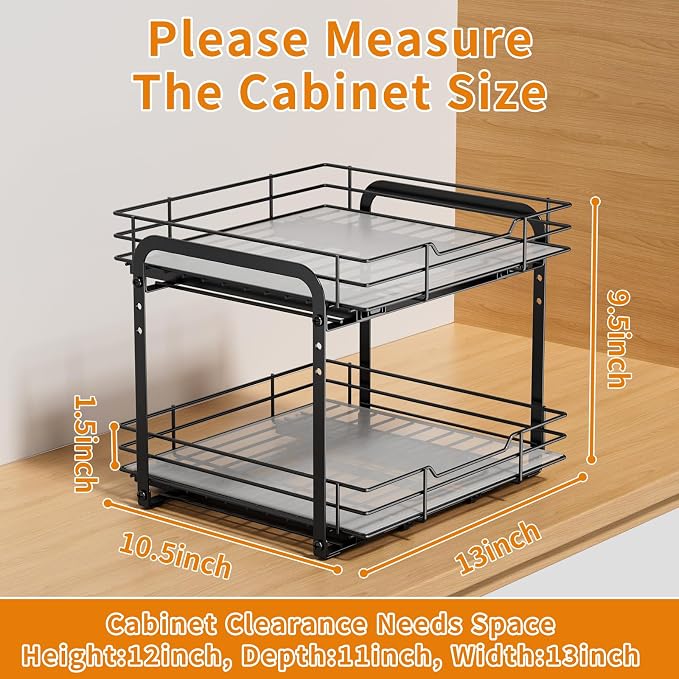 RCHYFEED 2 Tier Height Adjustable Pull Out Spice Rack,13.5" Wx10.5 Dx9.5 H | Heavy Duty Spice Organization for Cabinet Metal Slide Out Spice Rack for Cabinet & Pantry, for Seasoning,Sauces,Canned Goods