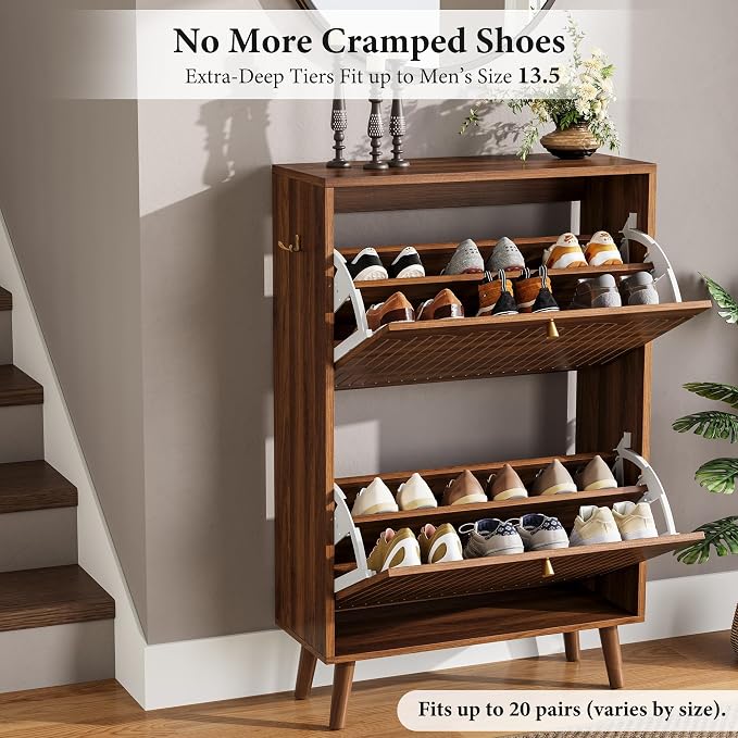 Nicetree Shoe Storage Cabinet for Entryway, 9.5inch Slim Shoe Rack with 2 Flip Drawers, Mid-Century Modern Walnut Shoe Cabinet Storage, Narrow Shoe Organizer with Adjustable Shelves for Small Spaces