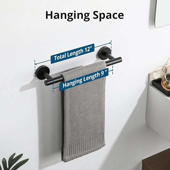 Sayayo Matte Black Hand Towel Holder for Bathroom, 12 Inch Towel Bar Towel Rack for Kitchen, Towel Ring Towel Rod Wall Mount SUS304 Stainless Steel (Hanging Length 9-Inch)