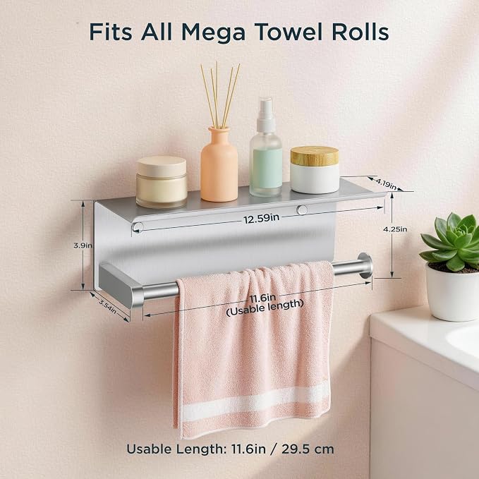 FORIOUS Wall Mount Paper Towel Holder with Shelf, Stainless Steel | Heavy Duty SUS304 Stainless Steel Paper Roll Organizer with Storage Spice Shelf, Screw-in for Kitchen, Bathroom, RV & Garage