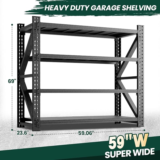 Heavy Duty Garage Storage Shelves 5000LBS Capacity, 59" Wide Metal Shelving Unit, 4-Tier Adjustable Industrial Rack for Warehouse Basement Shop, 59" W x 24" D x 69" H