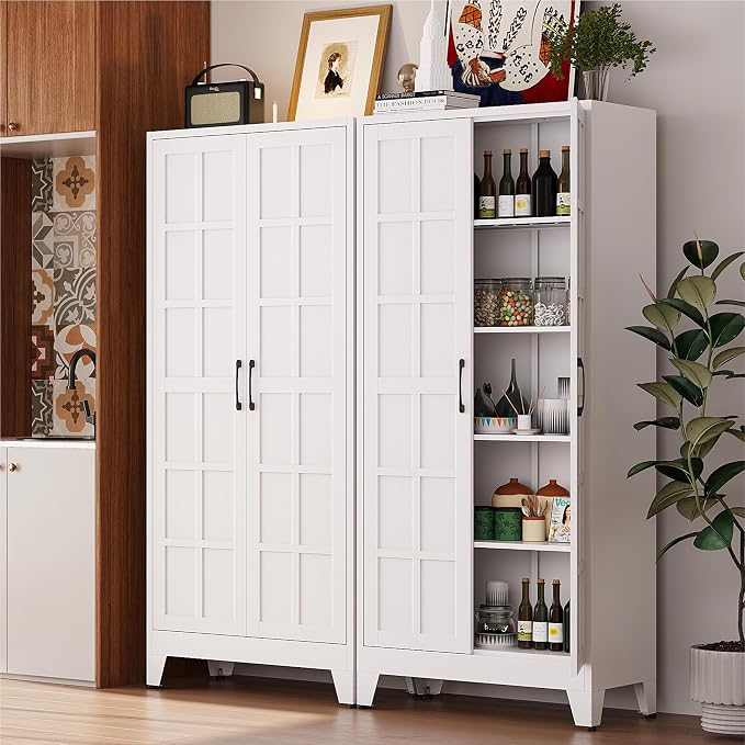COFaR 71" White Farmhouse Pantry Cabinet with Doors and Adjustable Shelves | 5-tier kitchen pantry cabinet with square-panel doors and 4 adjustable shelves for laundry room, office or garage storage.