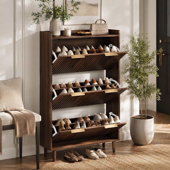VINGLI Fluted Shoe Storage Cabinet for Entryway with 3 Flip Drawers, Narrow Shoe Organizer with Fluted Panel, Freestanding Wood Hidden Shoe Cabinet for Foyer, Hallway (Dark Walnut, 3 Flip Drawers)
