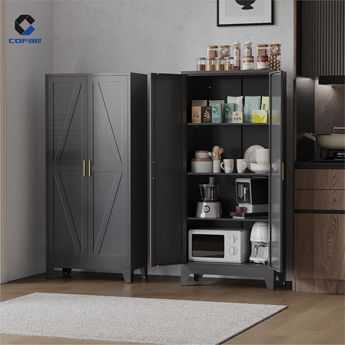 COFaR Metal Pantry Cabinet with Doors, Farmhouse 61'' Tall Storage Cabinet with 3 Adjustable Shelves, Kitchen Pantry Cabinet for Dinning Room, Garage, Laundry, Bathroom, Black 4-Tier