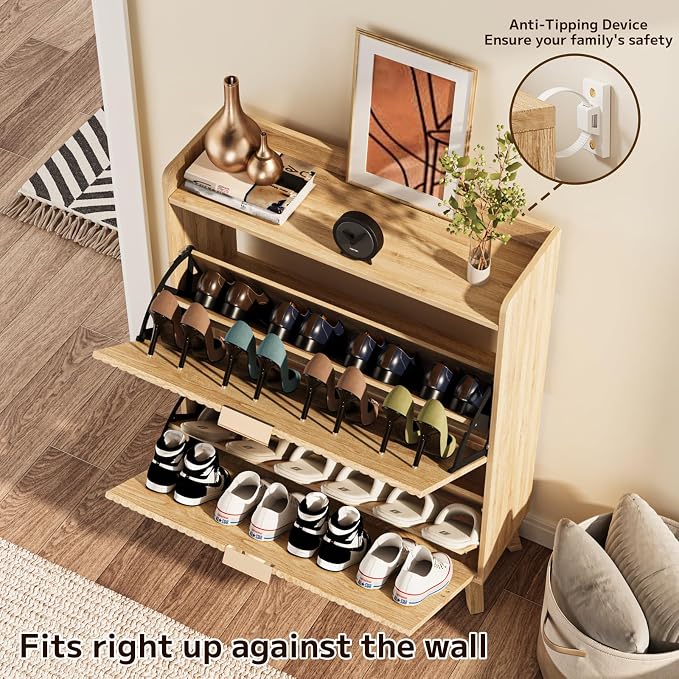 Fluted Shoe Cabinet Storage with 2 Flip Drawers, Wood Narrow Hidden Shoe Organizer with Adjustable Shelf for Entryway, Freestanding Slim Shoe Rack for Hallway Living Room, Saving Space, Oak