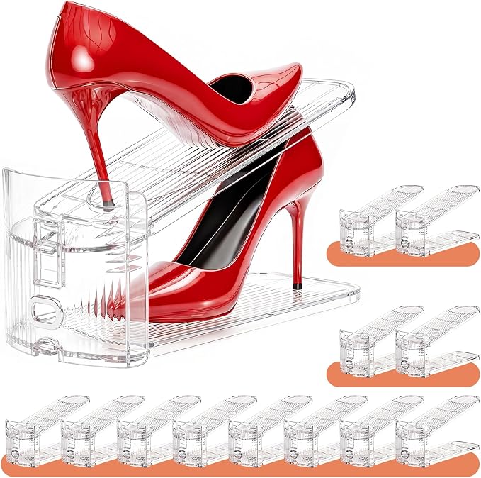 Shoe Stacker, Shoe Slot Organizer for Closet, Shoe Storage Rack | 12 Pack, Clear, 50% Space Saver, 3 Adjustable Height, Tool-Free Assembly, 30% Thicker, Superior Load Bearing