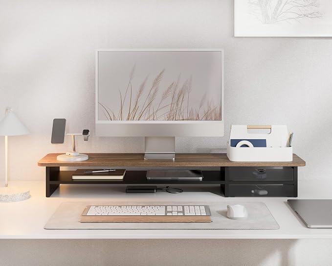 Fenge Monitor Stand, Desk Computer Riser with Frosted Storage Drawer, Brown | 42.5 Inch Dual Monitor Riser, 2 Tiers, Cable Management, Desk Shelf for 2 Monitors, Ultrawide Screen, Laptop, TV, Home Office