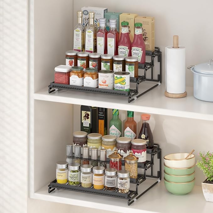 2 Pack Spice Rack Organizer for Cabinet, 4 Tier Black Seasoning Organizer Rack for Inside Cabinets, Countertop, Pantry Storage