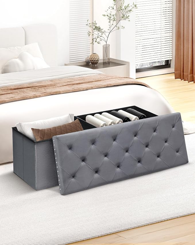 B FSOBEIIALEO Storage Ottoman Bench, Folding Tufted Ottomans with Storage, Extra Large 140L Storage Boxes Footrest Bench for Bedroom, Luxury Velvet Fabric 43 Inches Grey
