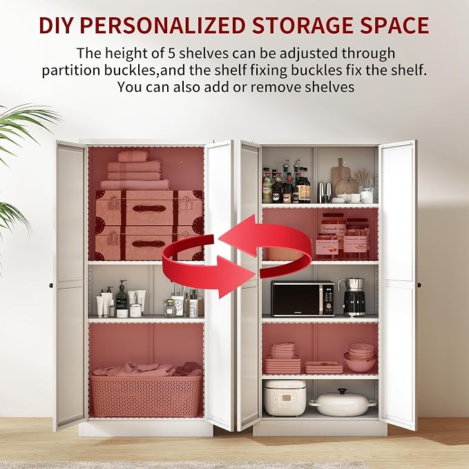AQY Kitchen Pantry Cabinet,61" White Pantry Storage Cabinet with 4 Tier Adjustable Shelves and 2 Doors,Freestanding Cupboard,Metal Pantry Cabinets with Handle for Living Room Kitchen Assembly Required