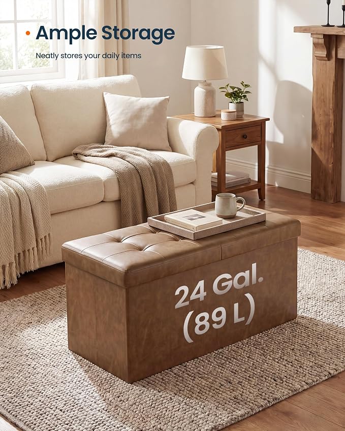 SONGMICS Home Foldable Foot Rest Stool, Storage Ottoman, Tufted Design, PU Leather, Easy Assembly and Cleaning, for Entryway, Living Room, Bedroom, 30.2 Inches, Brown