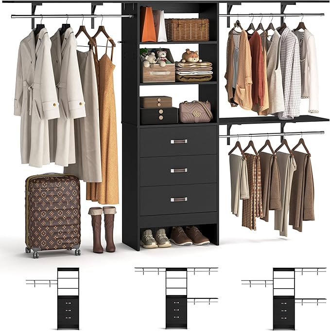iSunirm 8FT Closet System, 96'' Closet Organizer System with 3 Hanging Rods, Wall Mount Bedroom Wardrobe with 3 Drawers Walk-in Closet, Adjustable Cloth Garment Rack from 5 to 8FT (Cut to Fit), Black