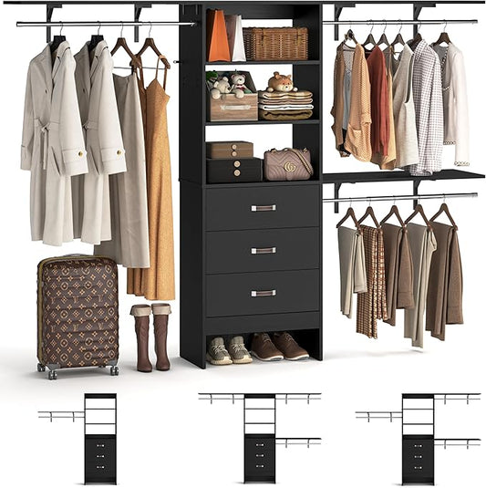 iSunirm 8FT Closet System, 96'' Closet Organizer System with 3 Hanging Rods, Wall Mount Bedroom Wardrobe with 3 Drawers Walk-in Closet, Adjustable Cloth Garment Rack from 5 to 8FT (Cut to Fit), Black