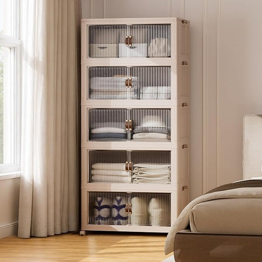 SAILUN 158Gal/635Qt Extra Large Stackable Storage Bins Folding Collapsible Storage Bins with a Lid, Closet Organizers and Storage Blush White 28" W x 17" D x 75" H