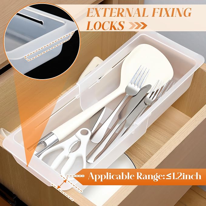 2 Pack Adjustable Deep Drawer Organizer Storage Bin(12.4" to 18”) | Expandable Drawer Storage, Adjustable Size, Kitchen Cabinet Organization