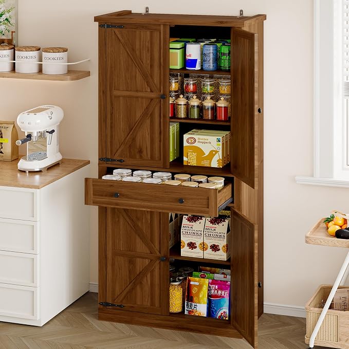 BORNOON Pantry Organizers and Storage Cabinet, 67.71” Barn Door White Kitchen Cabinet with Drawers and Adjustable Shelf, Tall Pantry for Kitchen, Dining Room, Living Room