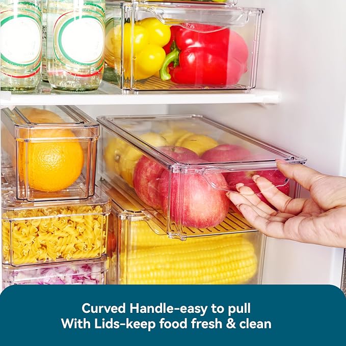 4 Piece Refrigerator Organizer Bins, Clear Fridge Organizers with Lids | Clear Fridge Storage, Food Storage Containers Clear and Stackable for Fruit, Vegetable, Drinks, Cereals