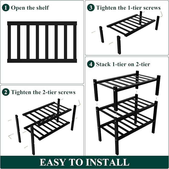 Smiry Bamboo Shoe Rack, 12 Vertical Slats, 3 Tier - 17.3" Wide, Black | Stackable Free Standing Wooden Shoe Organizer, Wood Shoe Storage Shelf for Closet, Entryway