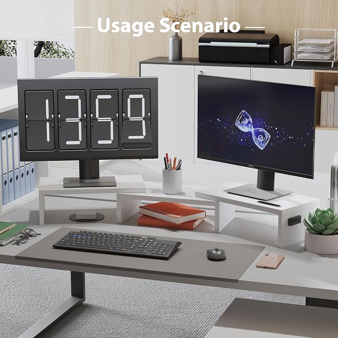 BONTEC Dual Monitor Stand Riser, Adjustable Length & Swivel Angle, White | Ergonomic Wooden Desktop Organizer with Smartphone Holder, Computer Monitor Stand for PC, Laptop, Printer and Large Storage