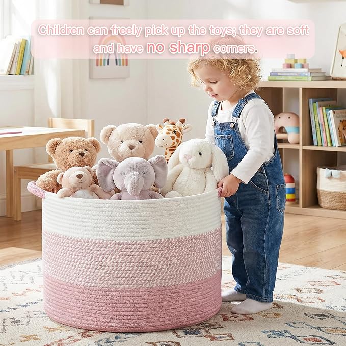 Artfeel 100L Large Cotton Rope Basket, Decorative Woven Blanket Storage for Living Room, Boho Toy Storage & Toy Box for Kids, Versatile Laundry Basket & Nursery Hamper for Blankets(Pink)
