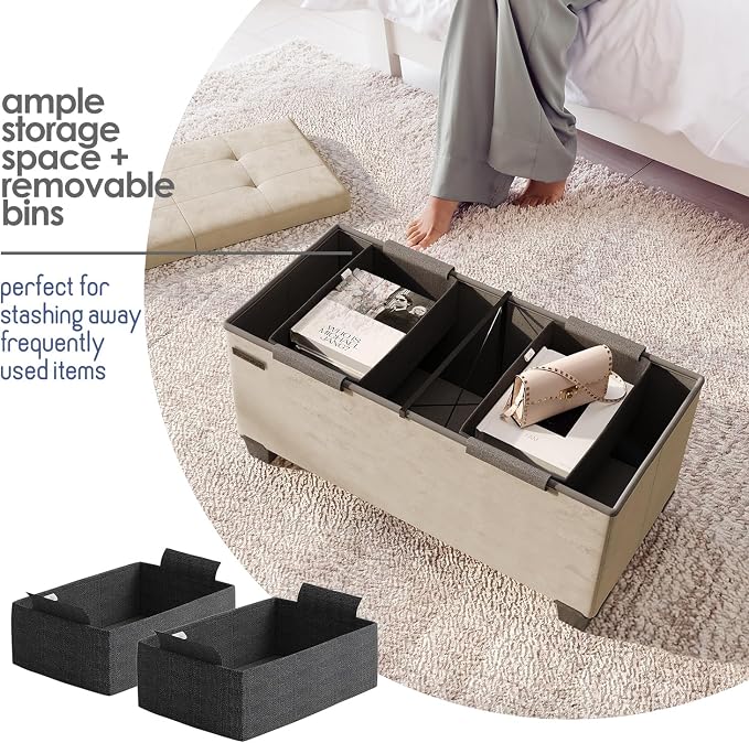 Storage Ottoman Bench with Bins, 30-in Storage Bench for Bedroom End of Bed, Folding Foot Rest Ottoman for Living Room Max 660lbs, Velvet Ottomans, Beige