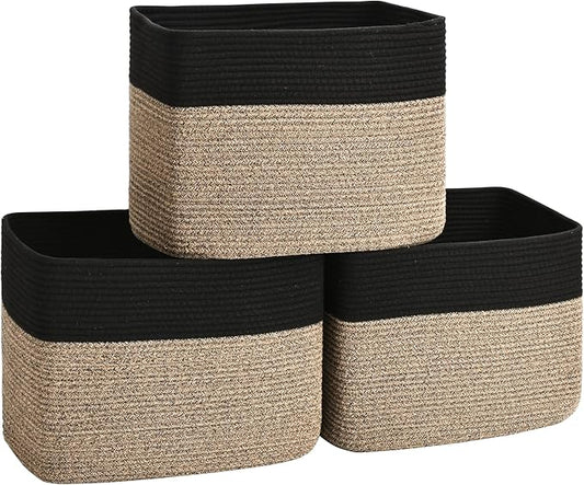 3 Pack Cube Storage Bin, 17”x12”x12” Cotton Rope Woven Baskets for Organizing Toys Clothes Towels, Square Gift Storage Baskets for Shelves, Nursery, Closet, Bathroom, Pantry (Black & Brown)