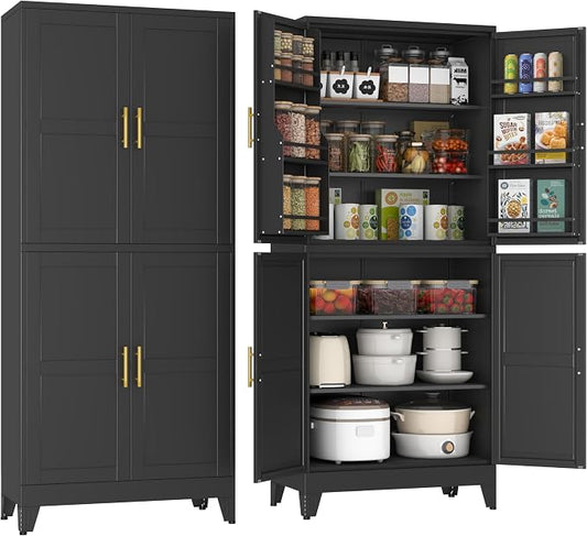 75" Tall Metal Kitchen Pantry Storage Cabinet, Freestanding Cupboard Storage Cabinet with 4 Doors and 4 Adjustable Shelves, Large Stand Up Food Cupboard for Dinning Room, Bathroom（Black）
