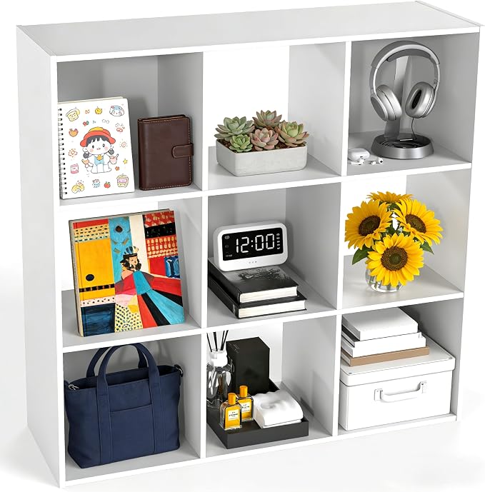 Simple Deluxe 9 Cube Storage Organizer, 3 Tier Stackable Bookshelf, Open Cube Bookshelf with 5 Removable Back Panels, Suitable for Living Room, Bedroom, Home Office, 36" L X 11.6" W X 36" H, White