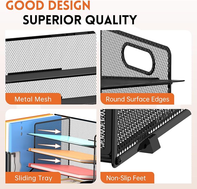 5-Tier Desk Organizer with File Holder & Pen Holder & Sliding Drawer, Black | Mesh Metal Paper Letter Tray for Papers, Mail, Office Supplies, and Desk Accessories