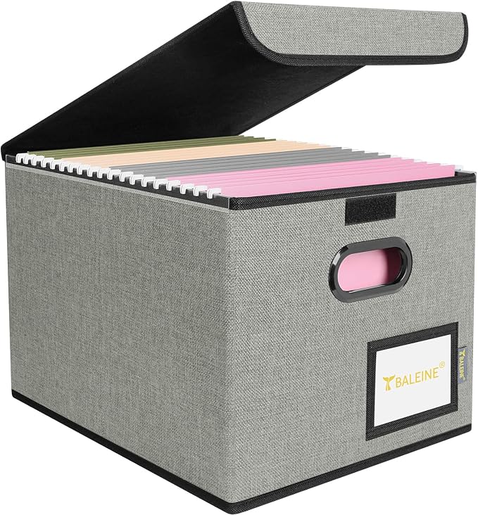 BALEINE File Organizer Box with Lid, Collapsible File Folder Organizer with Plastic Slide, Hanging File Folder Box for Office Document Storage (1 Pack, Grey)
