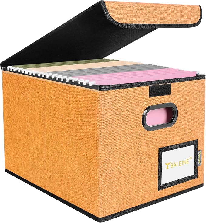 BALEINE File Organizer Box with Lid, Collapsible File Folder Organizer with Plastic Slide, Hanging File Folder Box for Office Document Storage (1 Pack, Orange)