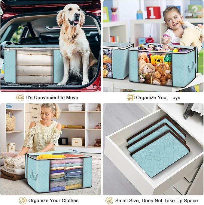90L Large Storage Bags, 4 Pack Clothes Storage Bins Closet Organizers | Foldable Storage Containers, with Reinforced Handle, for Clothing, Blanket, Comforters, Bed Sheets, Pillows and Toys,Blue