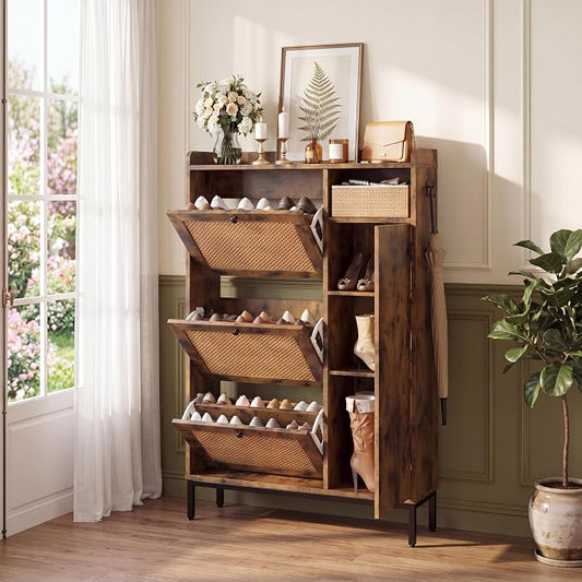 Garvee Shoe Cabinet with 3 Flip Drawers and 4-Tier Shoe Storage Cabinet, Freestanding Shoe Organizer with Adjustable Shelf and Rattan Doors for Entryway, Closet, Hallway