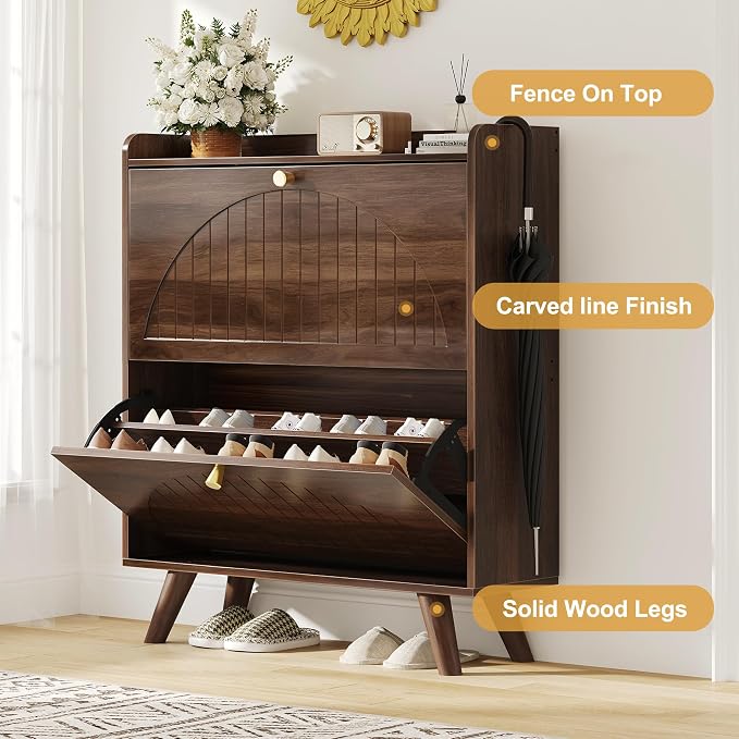 Decofy Shoe Cabinet with 2 Flip Drawers, Expanded Panel for Long Footwear, Freestanding Shoe Storage Cabinet with 3-Gear Adjustable Shelves, Narrow Shoe Cabinets for Entryway, Solid Wood Legs, Walnut | 31.5''W; Wider Panel; 2 Flip-Down Drawers; Adjusta...