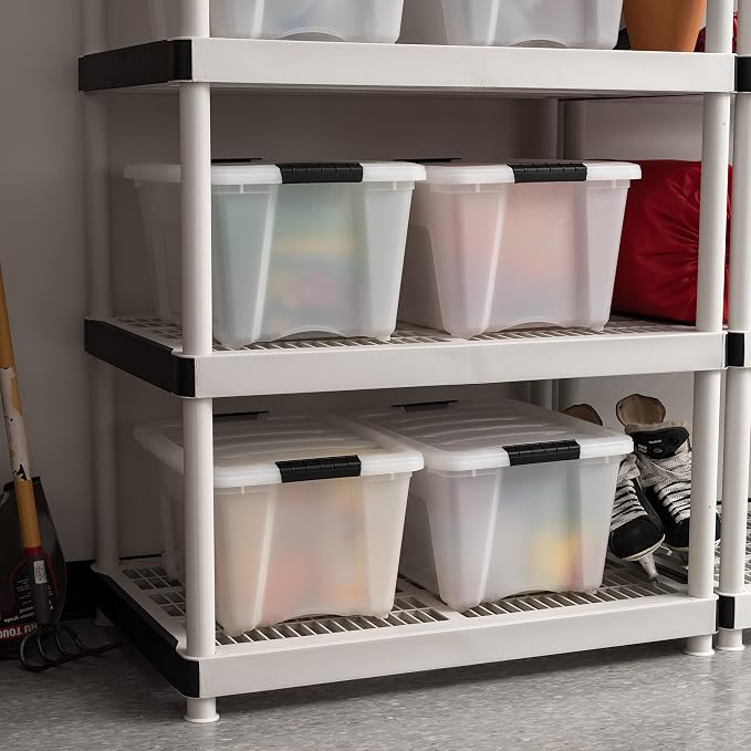 IRIS USA 4-Pack 32 Quart Storage Bins with Lids, Pearl | Conceals contents for a clean look. Great for linens, décor, closet storage, and supplies. Nestable design saves space