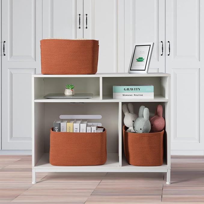 XUANGUO Woven Cotton Rope Storage Baskets 15x10x9.3" 3 Pack Rust | Decorative rectangular baskets for shelves and closets; storage bins help organize clothes, toys, books and nursery items.