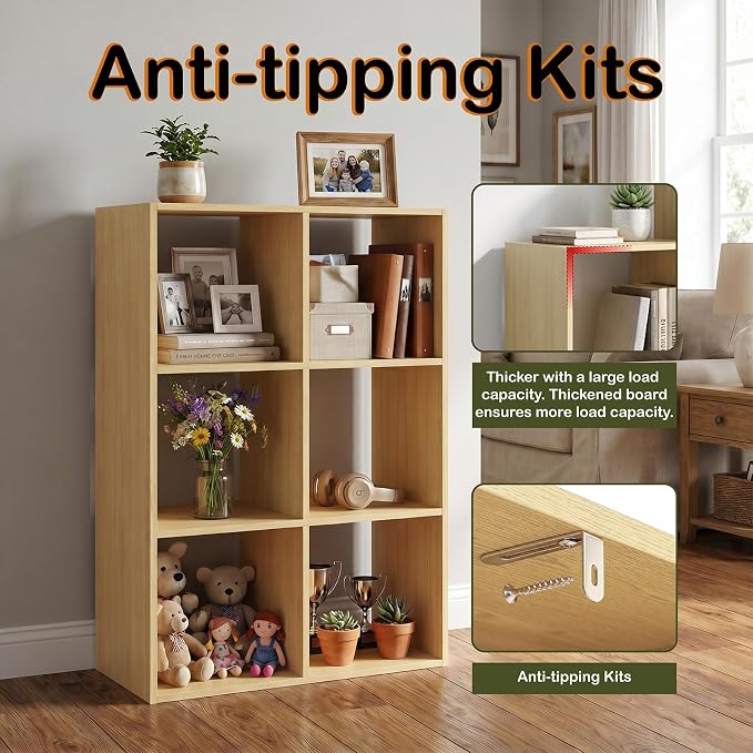 WannabeMyself【Sturdy Build&Easy Assembly】6 Cube Storage Organizer with Anti-Tipping Kits,Reversible Open Back Book Shelf, Bookcase for Living Room,Bedroom,Entrance Hall,Office,24.1×11.4×35.9,Oak Color