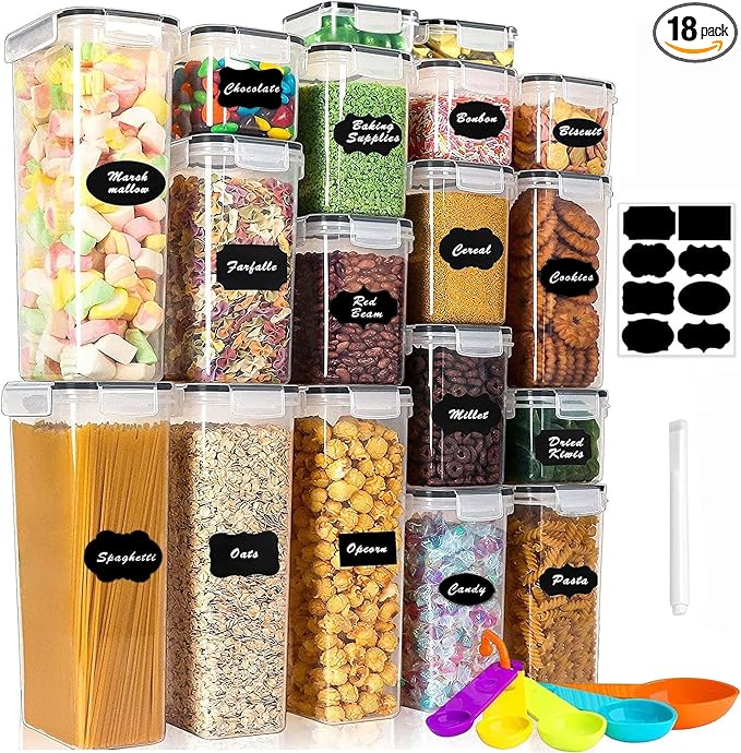 18 Pack Airtight Food Storage Containers with Lids | clear airtight containers with tight lids keep dry food fresh. Safe plastic, stackable for pantry kitchen storage