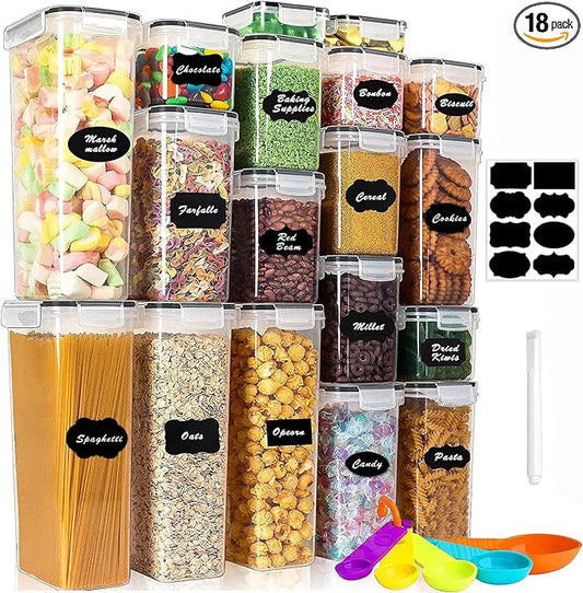 18 Pack Airtight Food Storage Containers with Lids | clear airtight containers with tight lids keep dry food fresh. Safe plastic, stackable for pantry kitchen storage