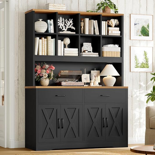 Storage Cabinet with Doors and Drawers, Pantry Cabinets, 5 Tier Floor Standing Bookshelves, Bookshelf and Bookcase, 8 Open Storage Shelves and Printer Stand for Study, Living Room, Office