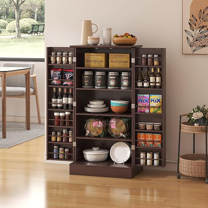 kepptory 47" Freestanding Kitchen Pantry Cabinet with Adjustable Shelves | Magnetic Doors & Anti-Tip Device, Storage Cupboard for Kitchen Laundry Living Room, Walnut