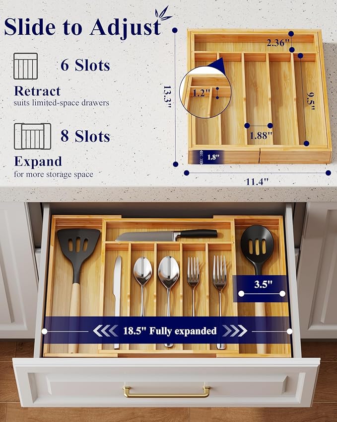 Kitsure Silverware Organizer, Bamboo Kitchen Drawer Tray, Natural, Large | Expandable Drawer Kitchen Organizer, Cooking Utensils & Cutlery, Sturdy & Thickened Design, Storage Solution